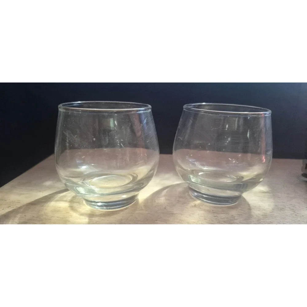 Set of 2 Clear Glass Juice Tumblers Rounded Whiskey Glasses Pedestal Base 3.25in